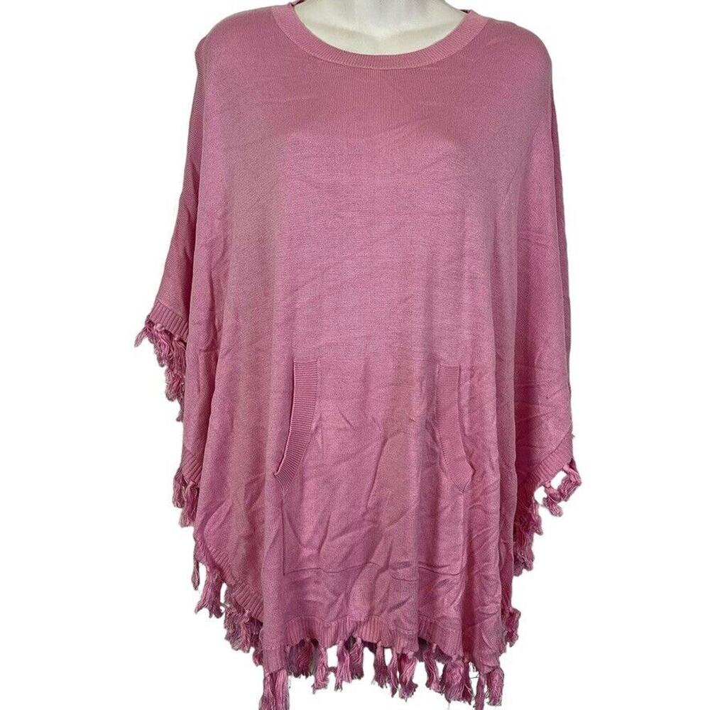 Duffield Lane Womens Pink Pullover Poncho Fringe Trim Sweater Pockets Silk sz S